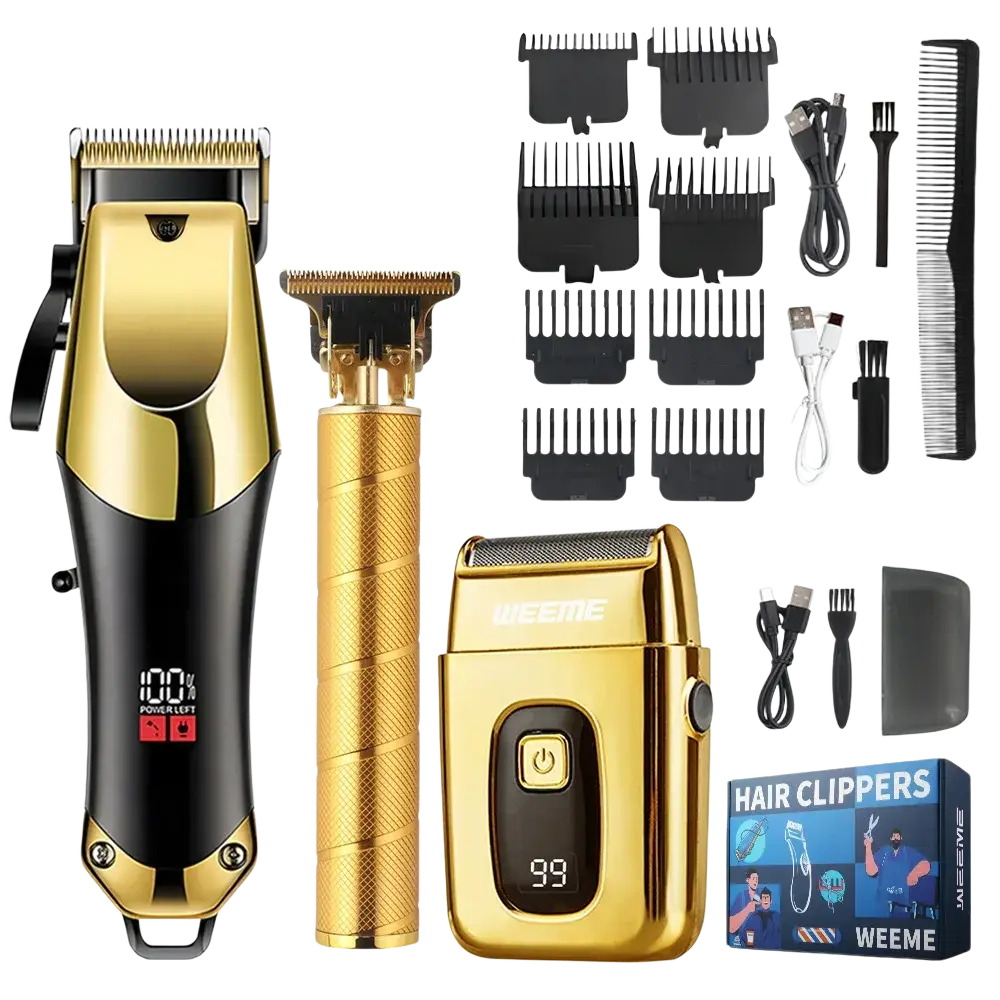 Gold and black weeme electric hair clipper set with lcd display and adjustable cutting length attachments and logo style