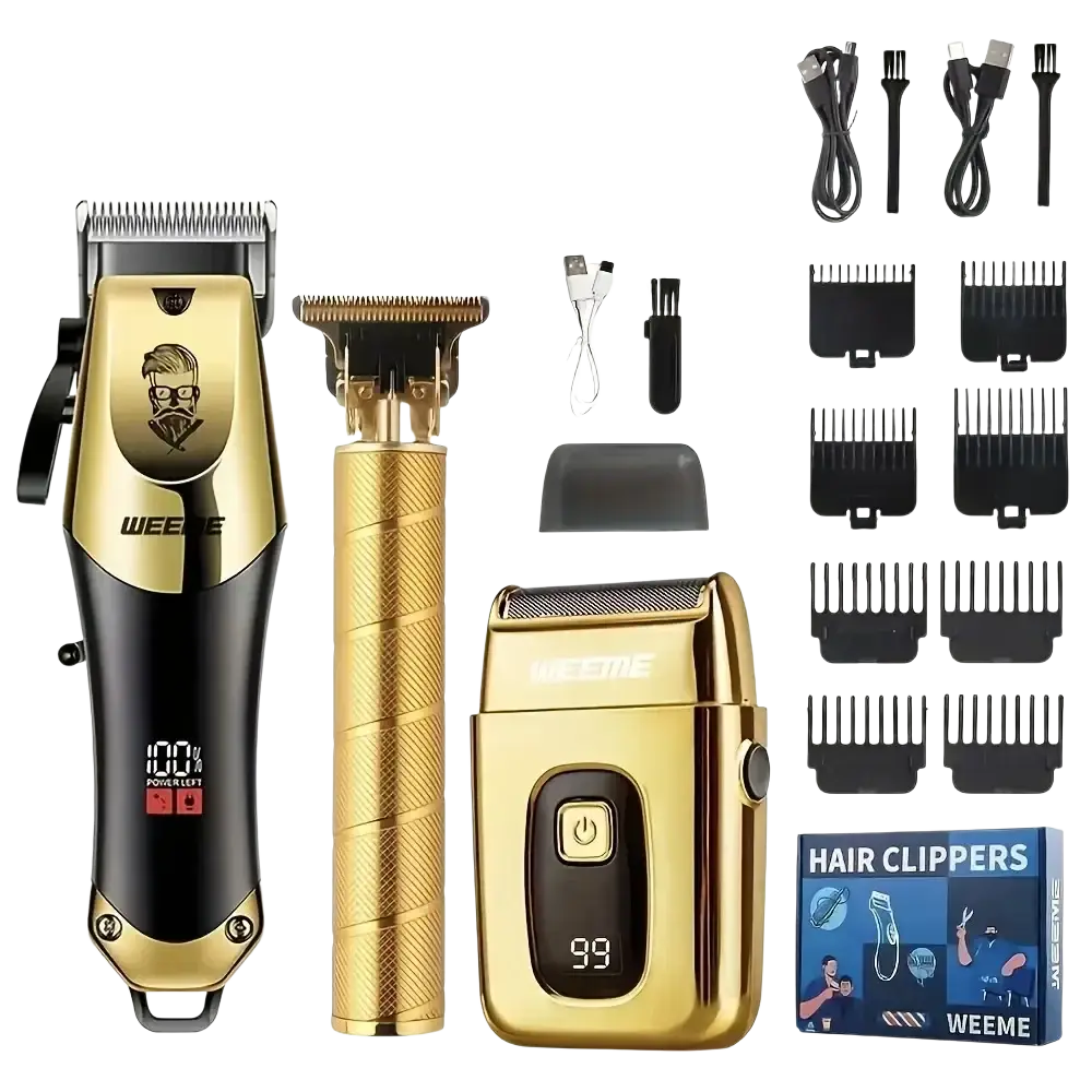 Gold and black weeme electric hair clipper set with lcd display cutting length adjustment and textured grip handle