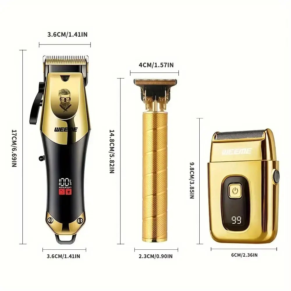 Gold and black weebie electric grooming kit with lcd display cutting length adjustment and metallic finish logo style