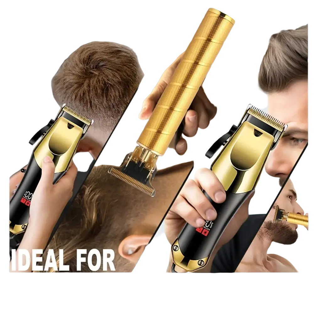 Gold and black electric hair clipper with textured grip handle and cutting length adjustment lcd display logo style
