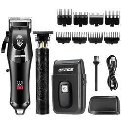 Black weeme electric grooming kit with gold hair clipper set featuring lcd display cutting length and skull logo style