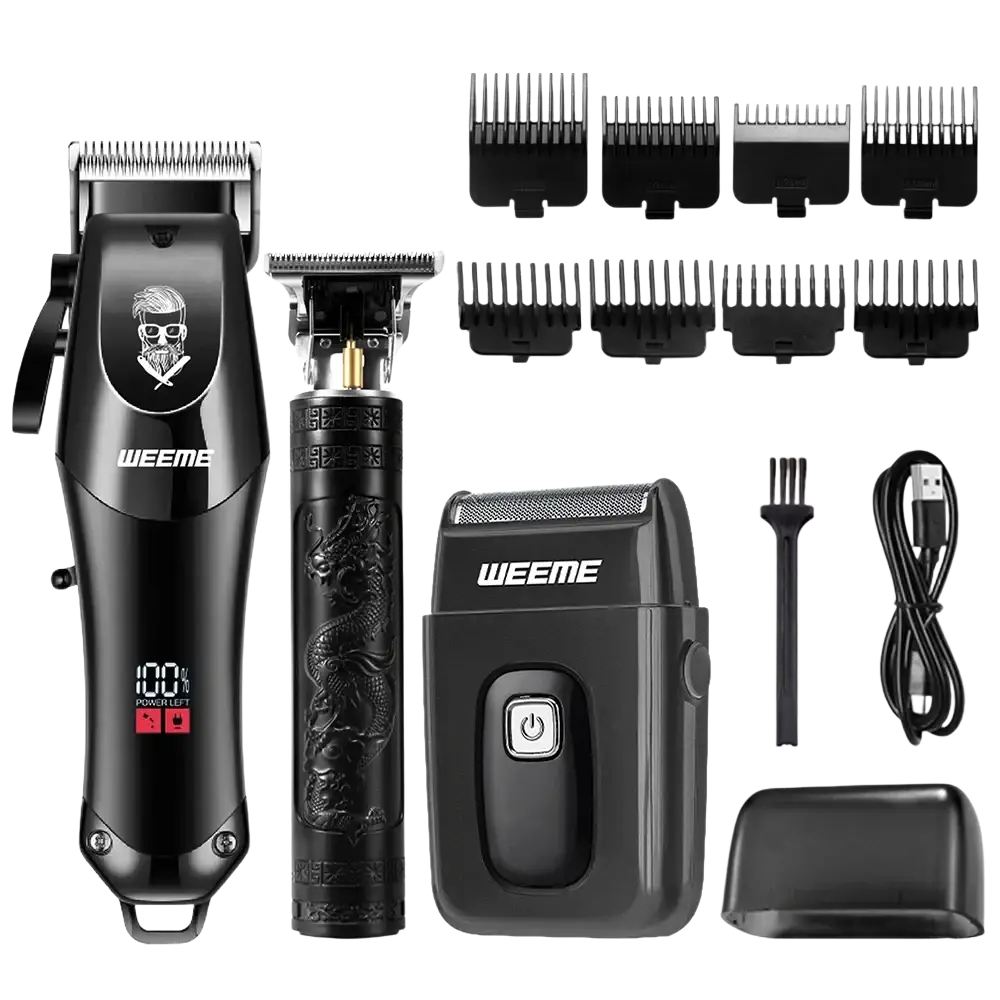 Black weeme electric grooming kit with gold hair clipper set featuring lcd display cutting length and skull logo style