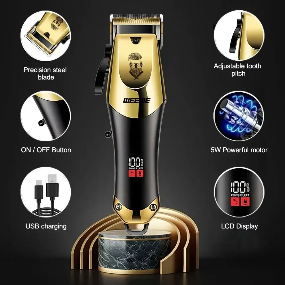Gold and black electric hair clipper with lcd display, adjustable cutting length, usb charging, and logo style design