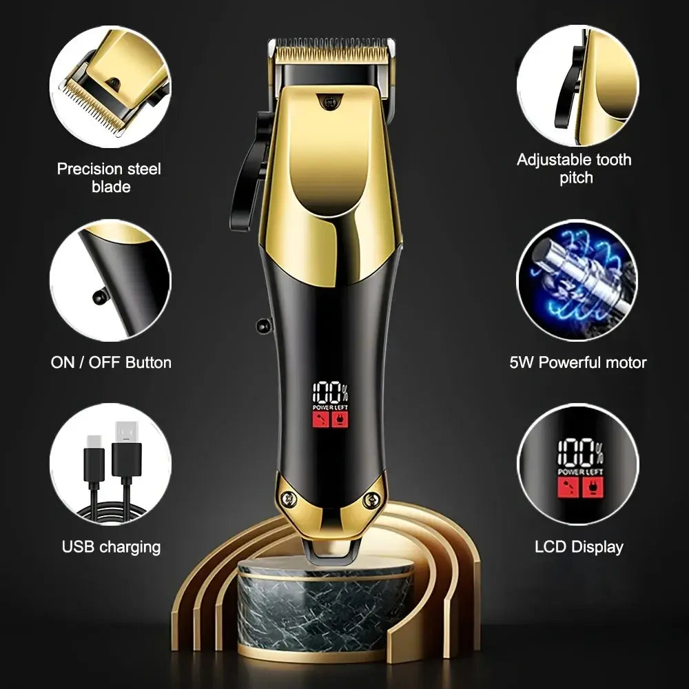 Gold hair clipper set with lcd display, cutting length adjustment, precision steel blade, and powerful 5w motor