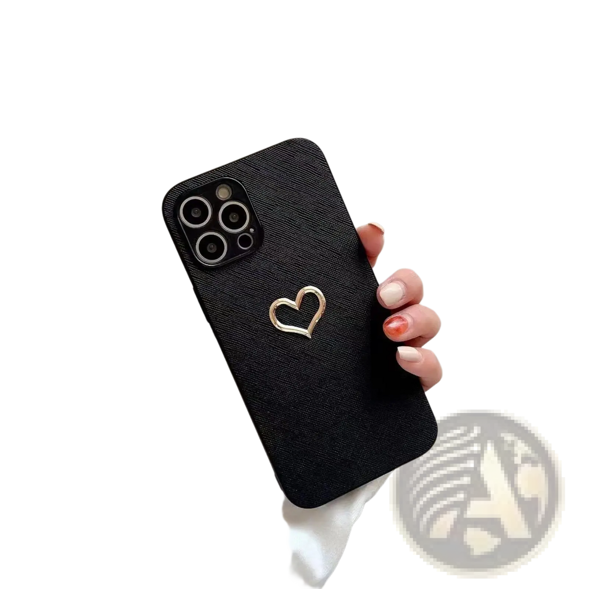 Black textured leather iPhone case with a gold heart-shaped accent shown from the back side