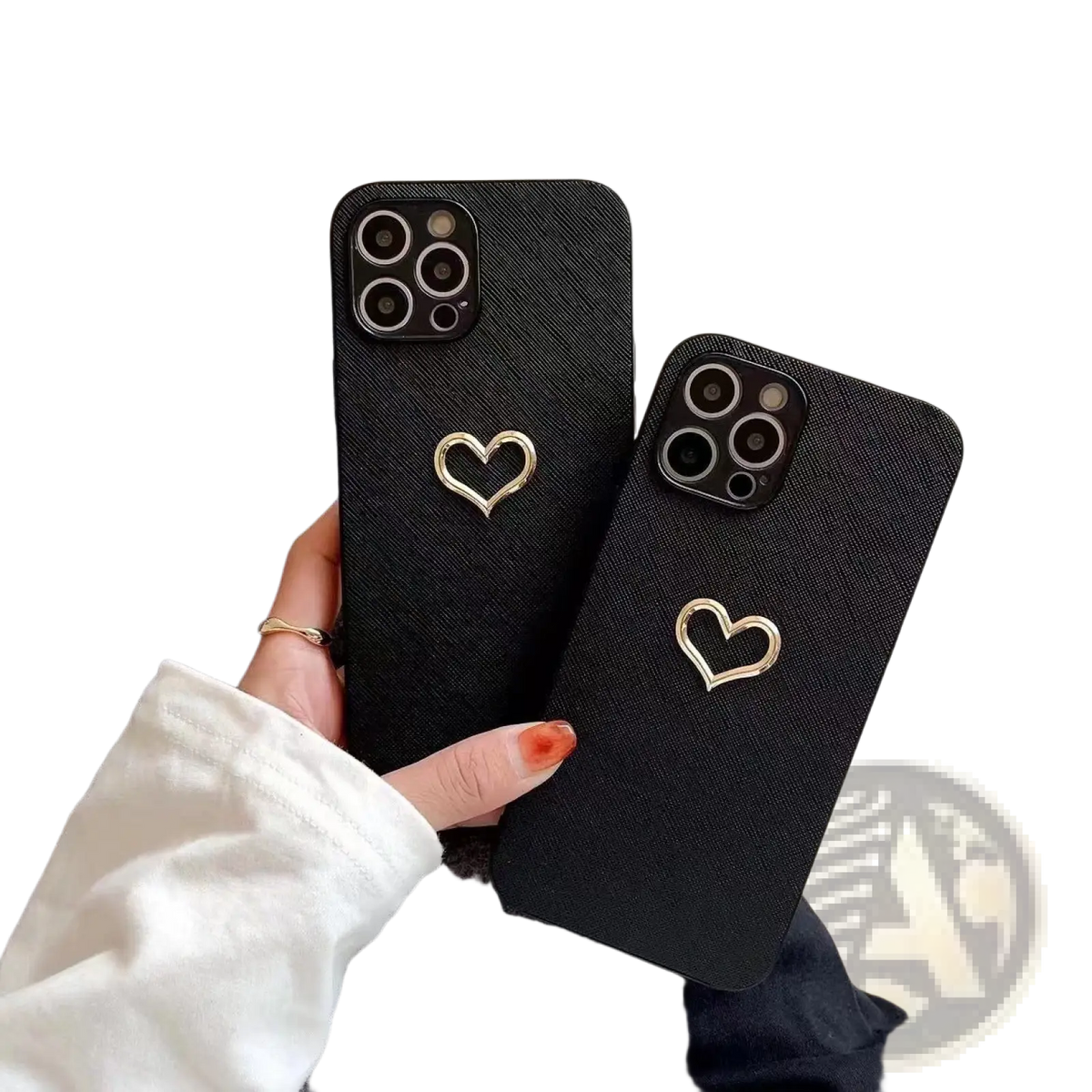 Black leather iPhone case with gold heart-shaped embellishments shown from the back side