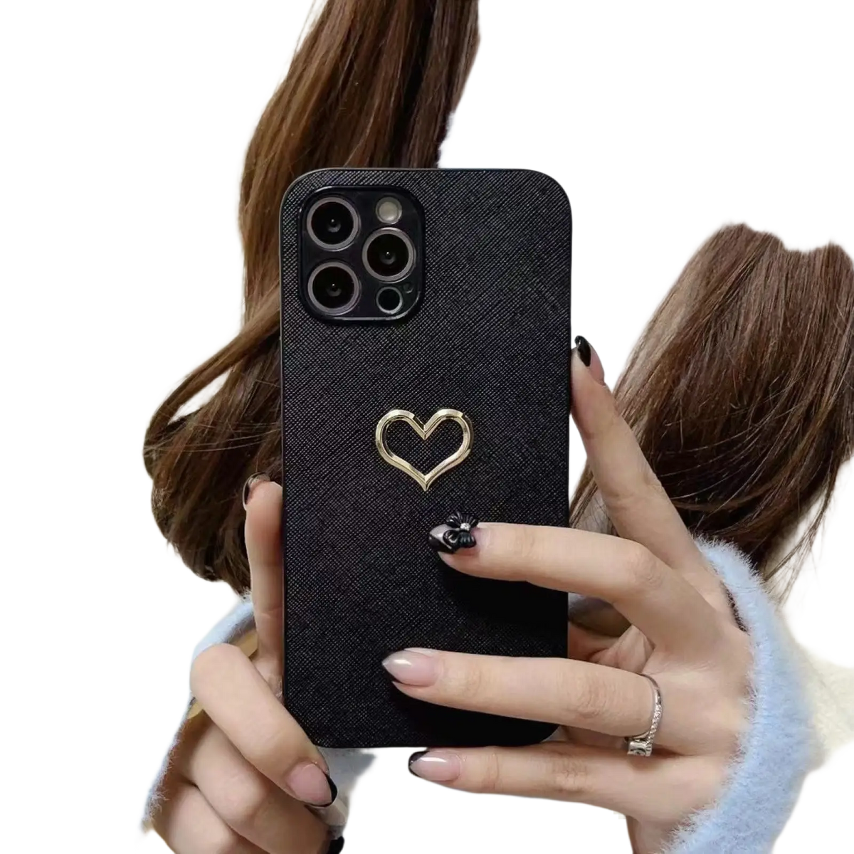 Black textured leather iphone case back with gold heart-shaped accent and small black bow detail in gold heart black leather iphone case
