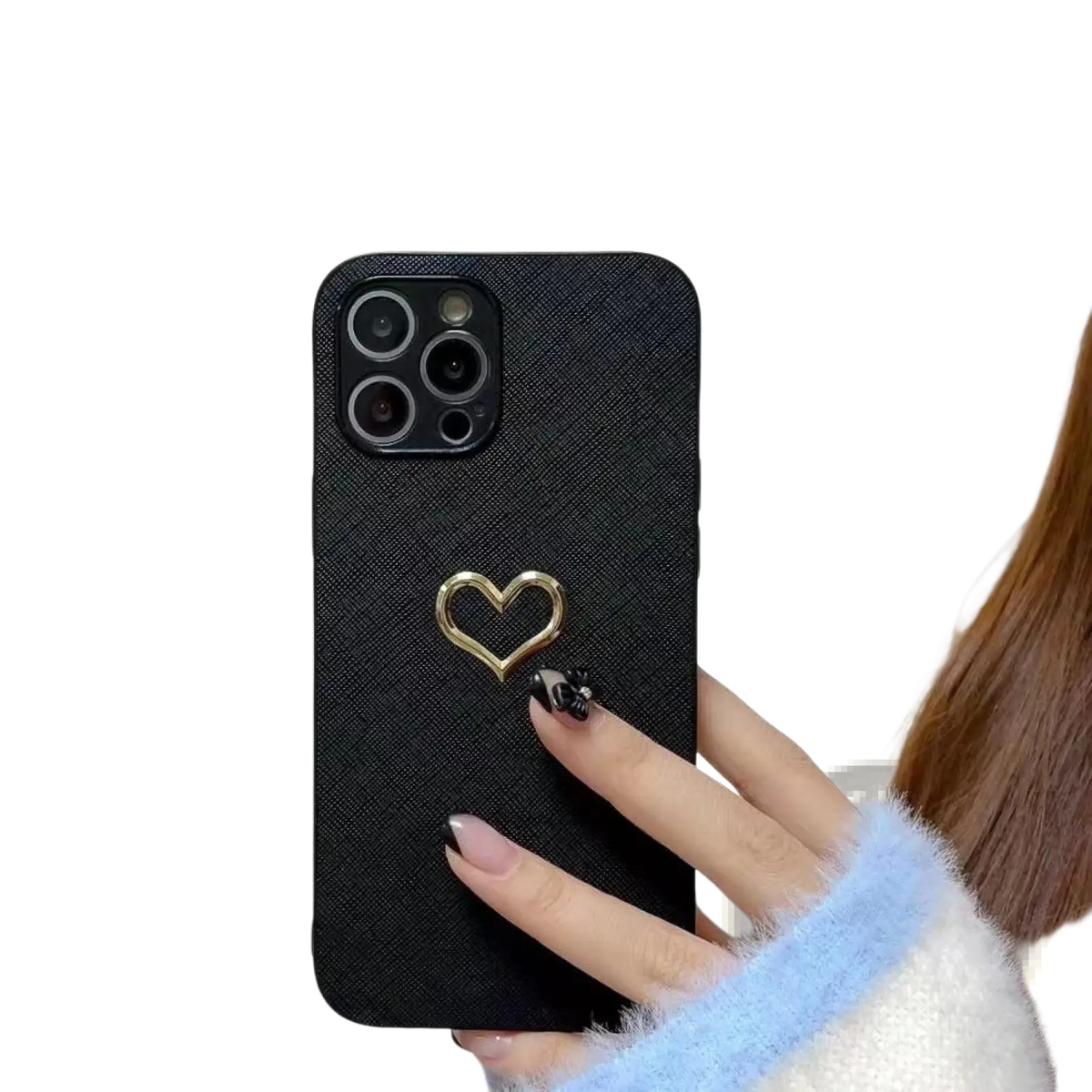 Black textured leather iphone case with gold heart-shaped ring accessory shown from the back side