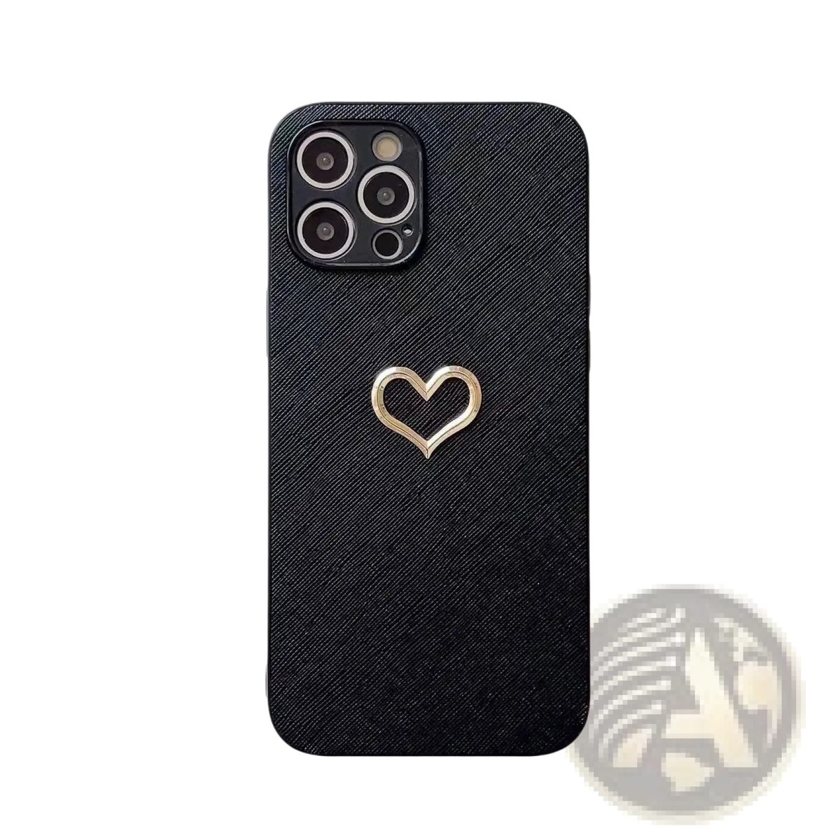 Black textured leather iPhone case with a gold heart-shaped accent shown from the back side
