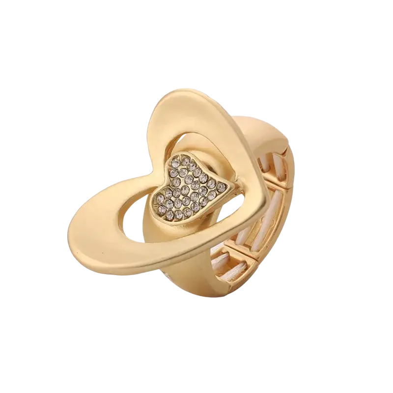 Gold-toned adjustable ring featuring a heart-shaped design with embedded clear rhinestones for elegant jewelry use