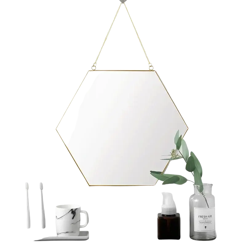 Gold hexagonal wall hanging mirror with thin gold metal frame and hanging chain for decorative use