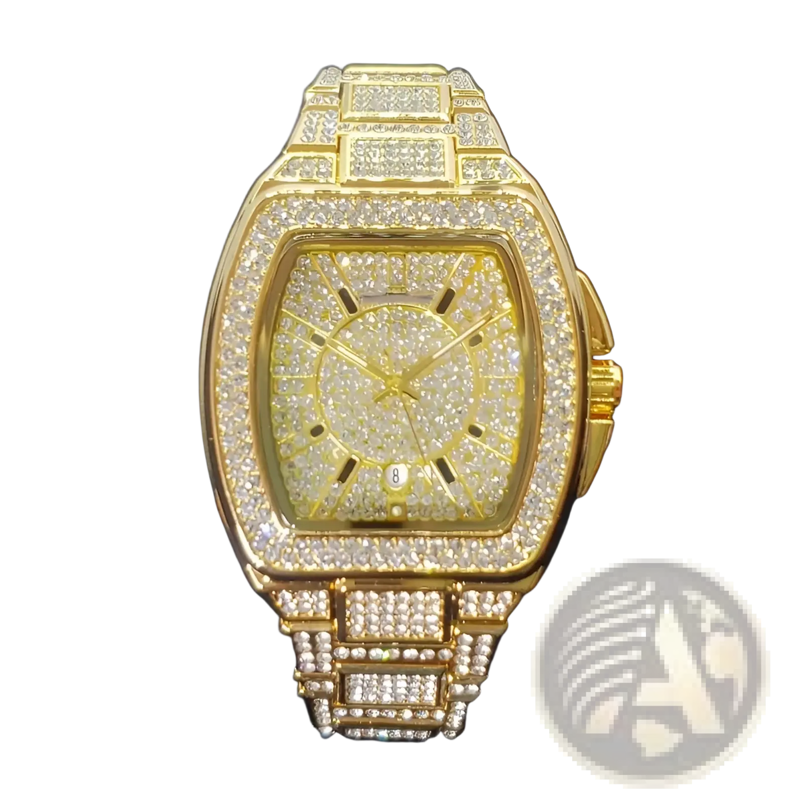 Gold-tone iced out square diamond mens luxury quartz watch fully encrusted with clear sparkling crystals