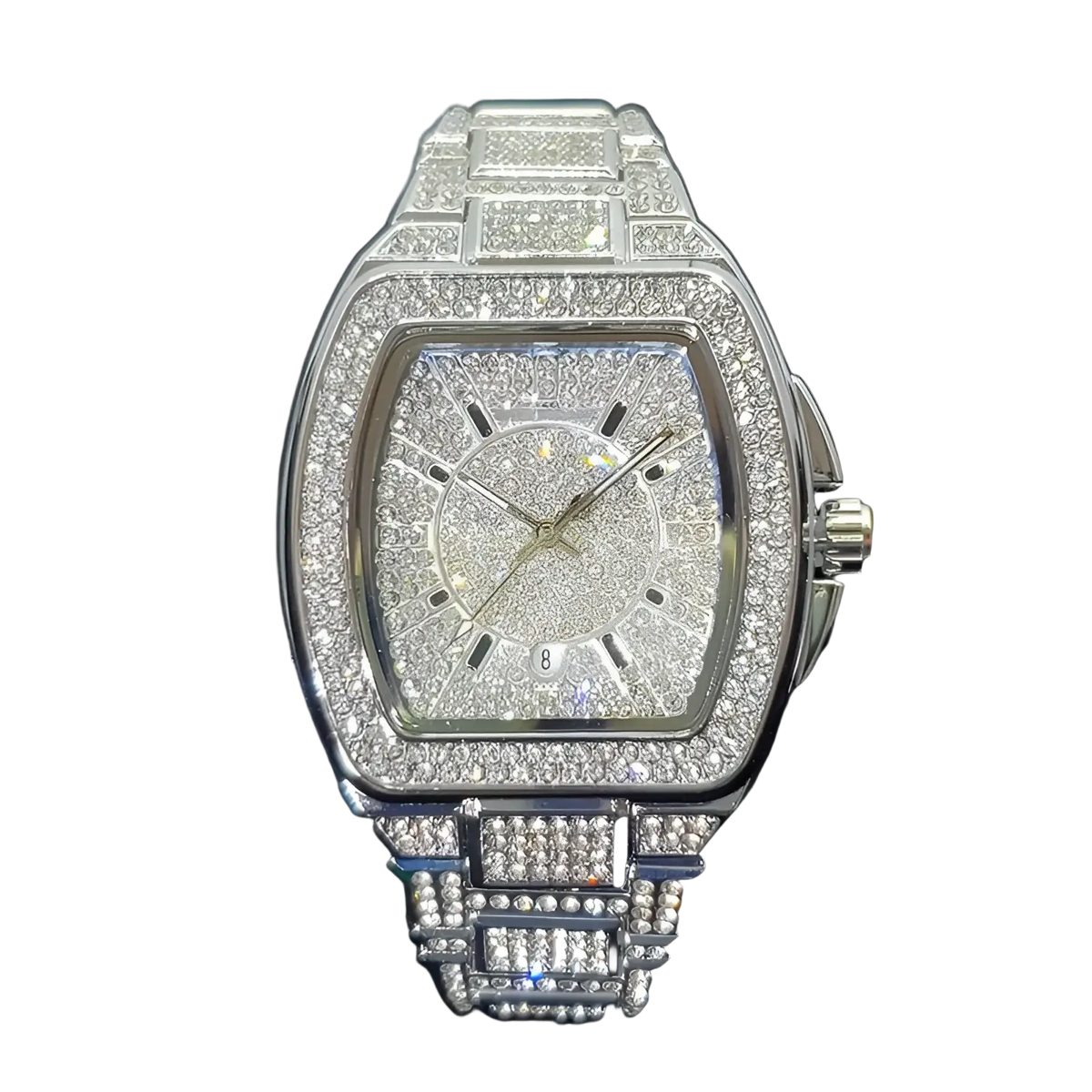 A dazzling silver gold iced out square diamond mens watch with a crystal encrusted band and face luxury quartz