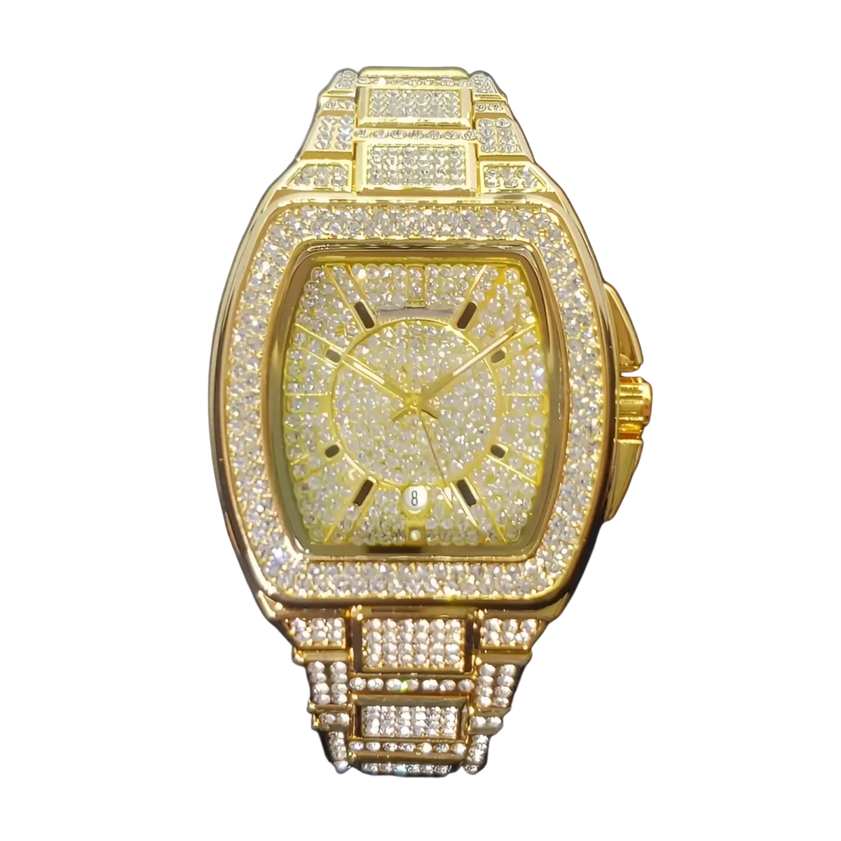 Gold-tone iced out square diamond mens luxury quartz watch fully encrusted with clear sparkling crystals