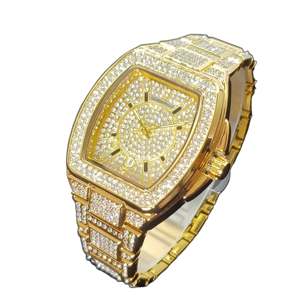 Gold-toned luxury square mens watch with bracelet fully encrusted in clear sparkling crystals quartz movement