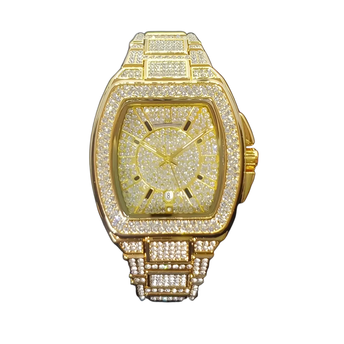 Gold-tone luxury men’s watch with square face and bracelet fully encrusted with clear sparkling crystals quartz movement