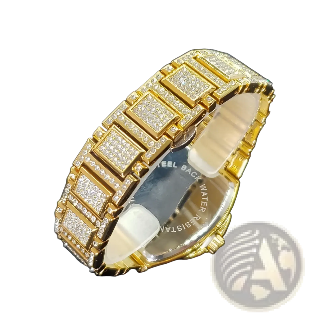 Gold-tone luxury quartz mens watch with square diamond bracelet featuring clear sparkling crystals
