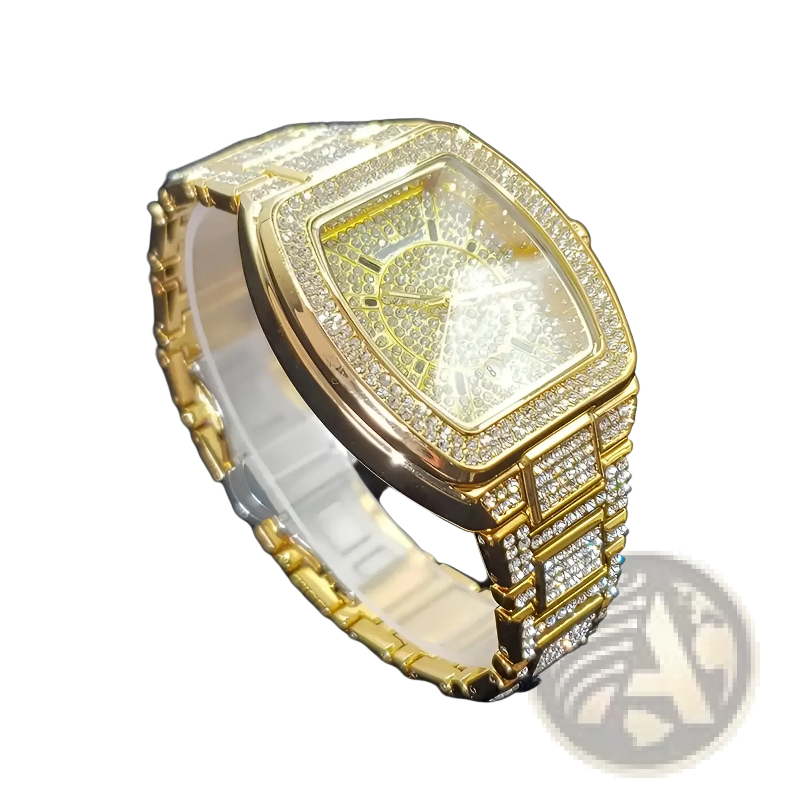 Gold-tone iced out square diamond mens watch with matching bracelet luxury quartz timepiece