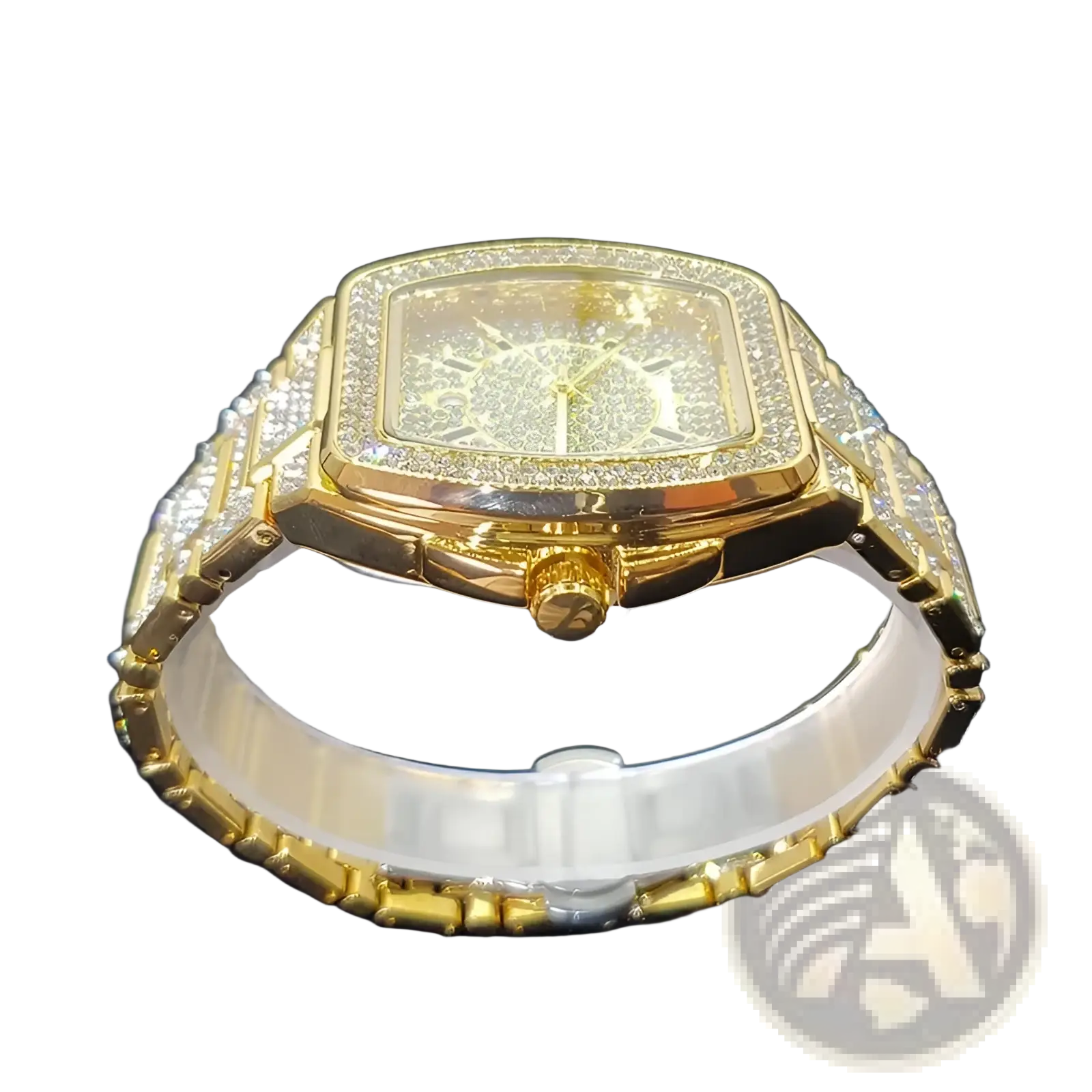 Gold-tone square-faced mens watch luxury quartz with diamond-encrusted bezel and matching bracelet