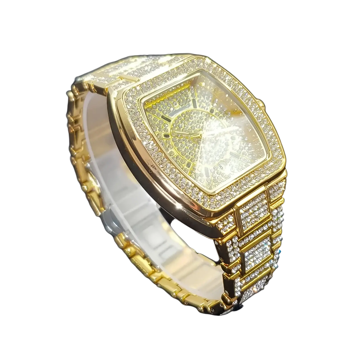Gold-tone iced out square diamond mens watch with matching bracelet luxury quartz timepiece