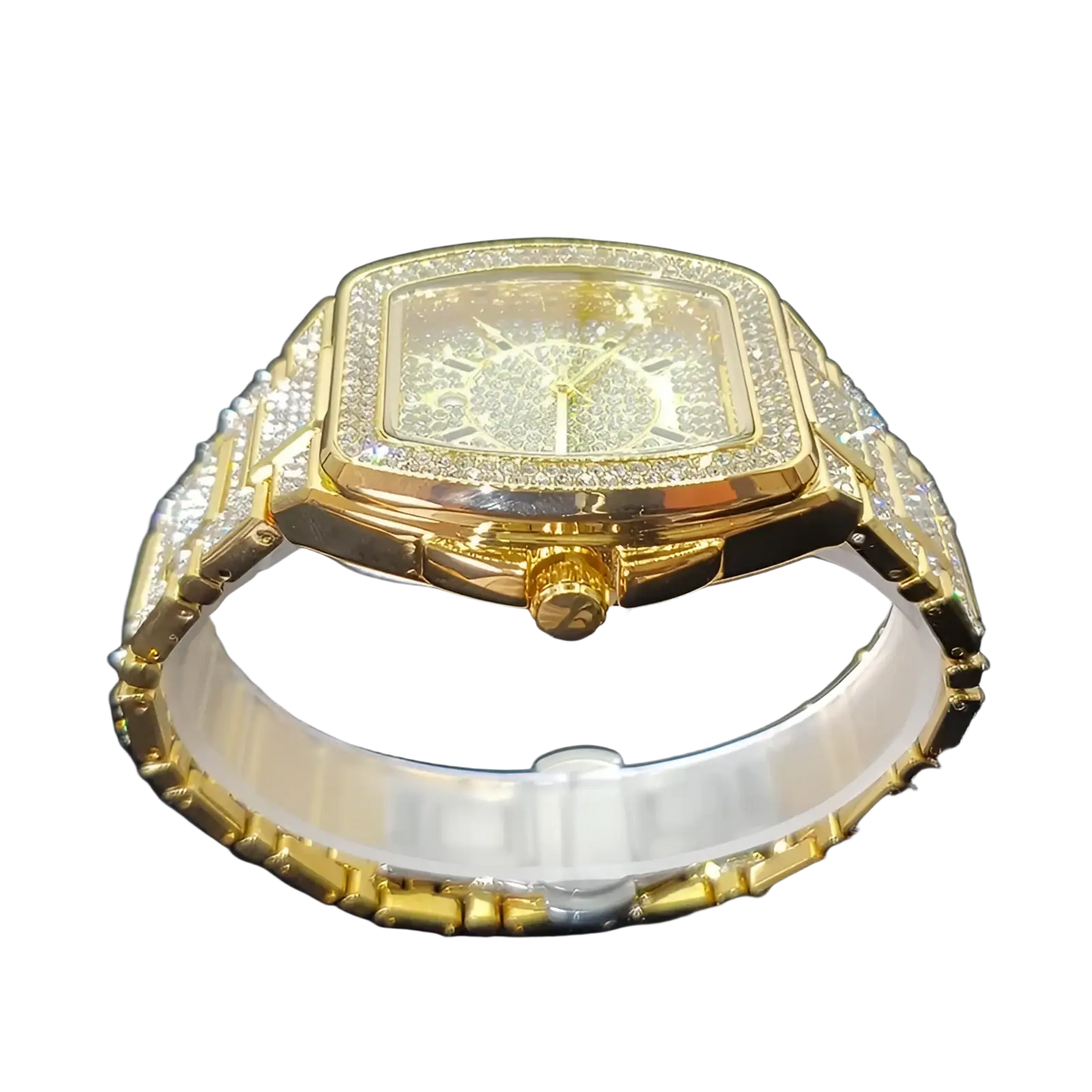 Gold-tone square-faced mens watch luxury quartz with diamond-encrusted bezel and matching bracelet