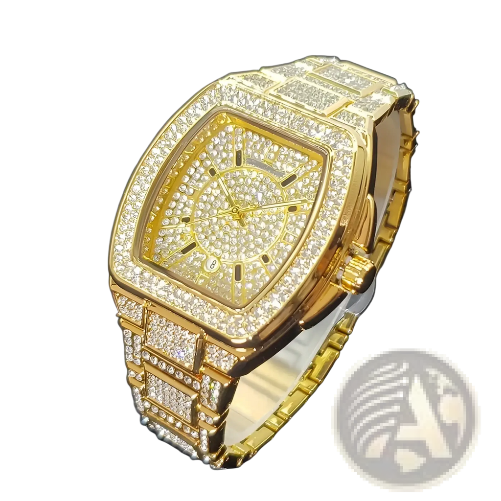 Gold-toned luxury square mens watch with bracelet fully encrusted in clear sparkling crystals quartz movement