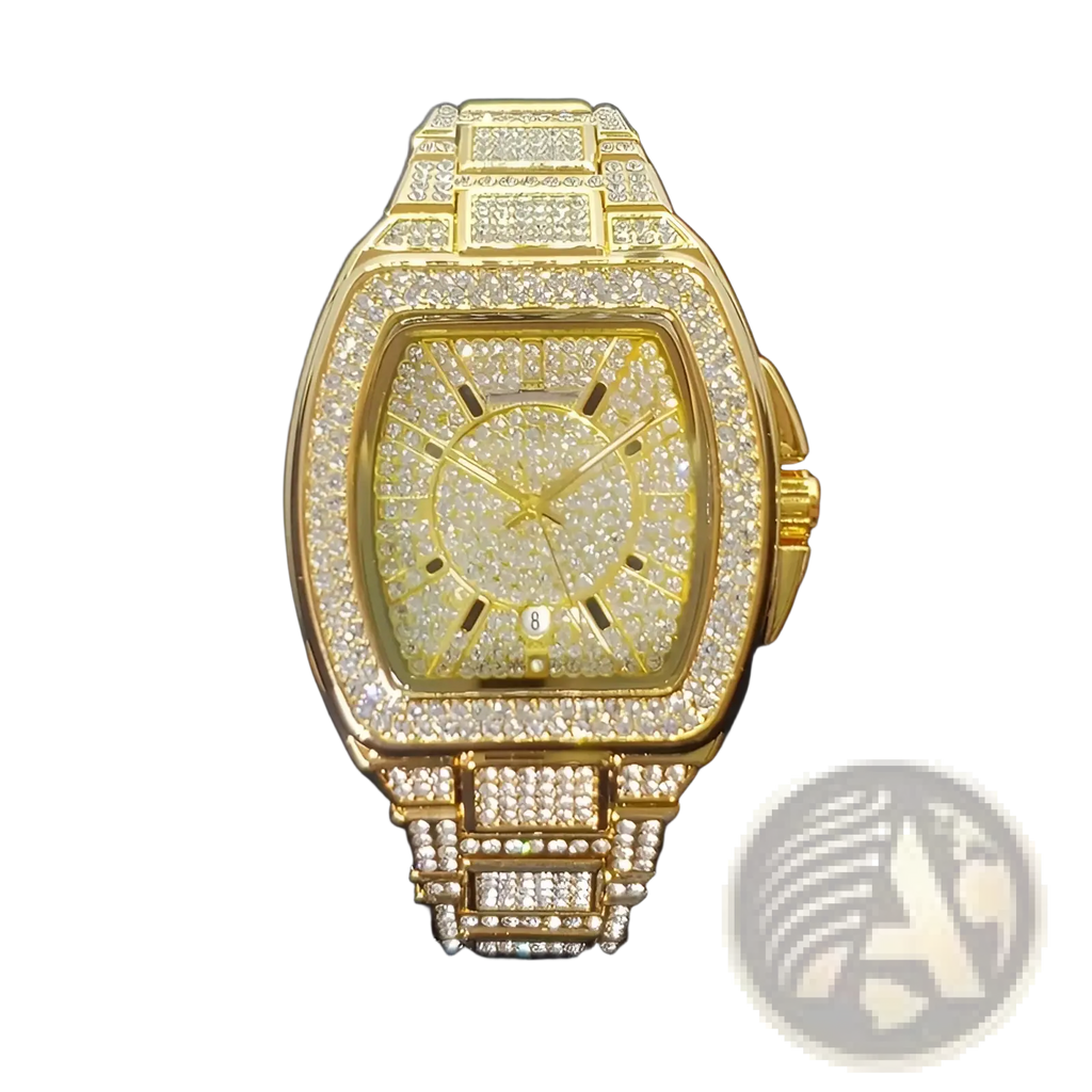 Gold-tone luxury men’s watch with square face and bracelet fully encrusted with clear sparkling crystals quartz movement