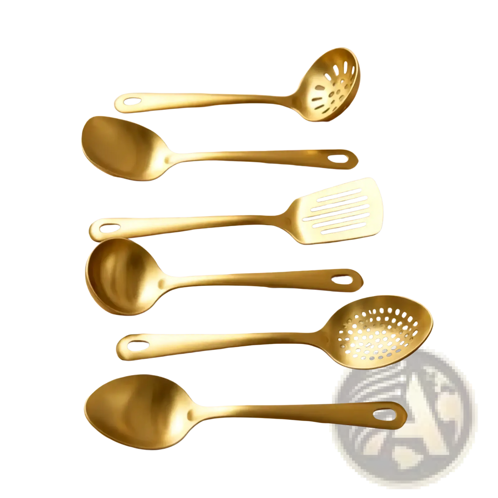 Set of six gold finished stainless steel kitchen utensils including spoons ladles and spatulas for cooking use