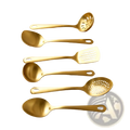 Set of six gold finished stainless steel kitchen utensils including spoons ladles and spatulas for cooking use