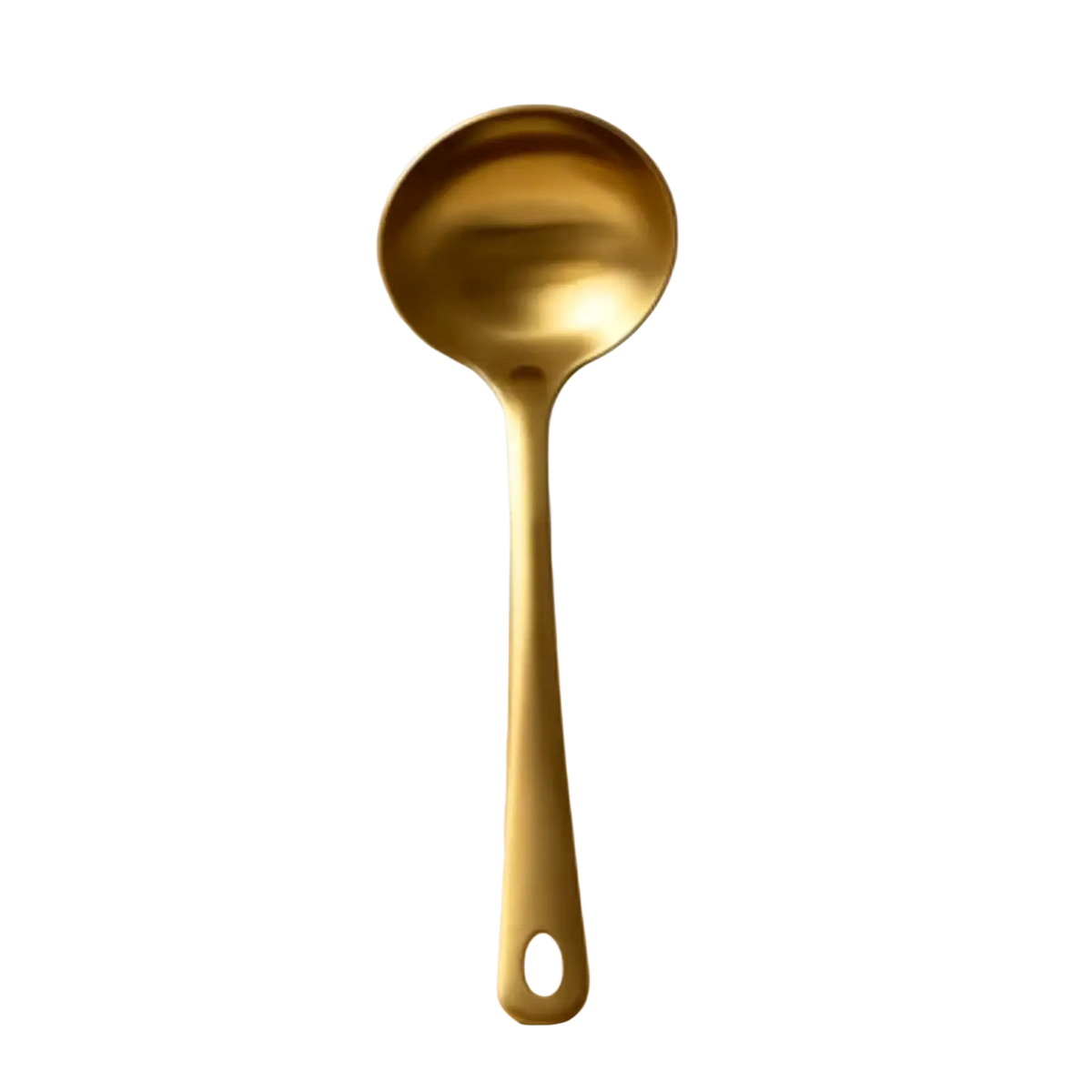 Gold-colored stainless steel ladle with sleek modern design and oval hole in handle from gold kitchen utensil set