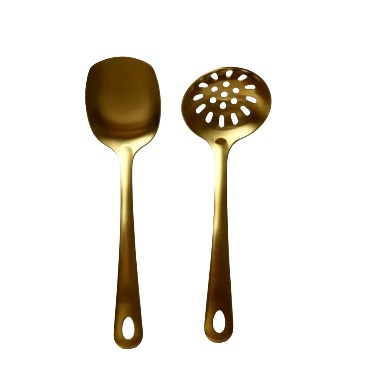 Gold kitchen utensil set stainless steel cooking tools featuring solid spoon and perforated slotted spoon handles