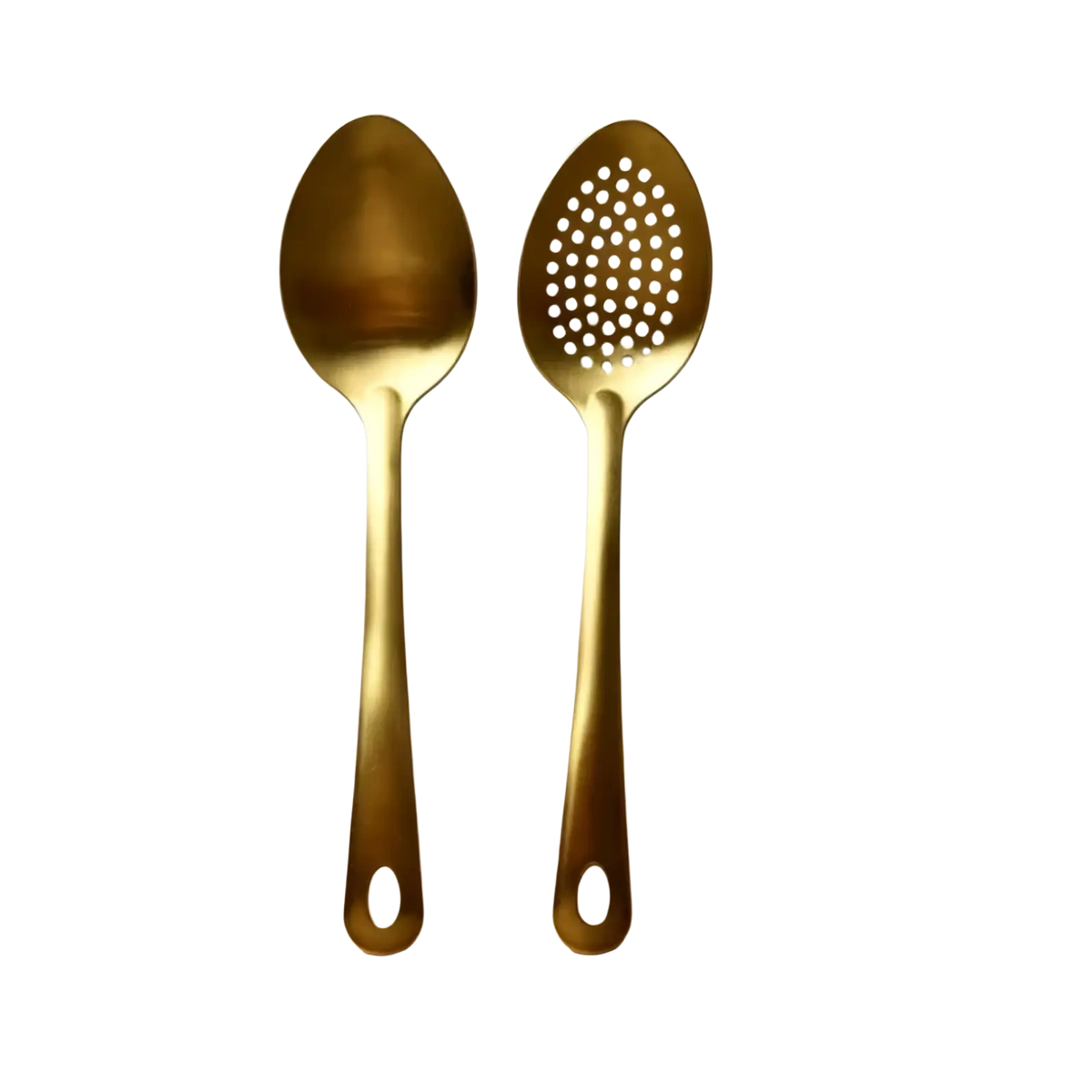 Gold kitchen utensil set stainless steel cooking tools featuring a solid spoon and perforated slotted spoon with oval handles