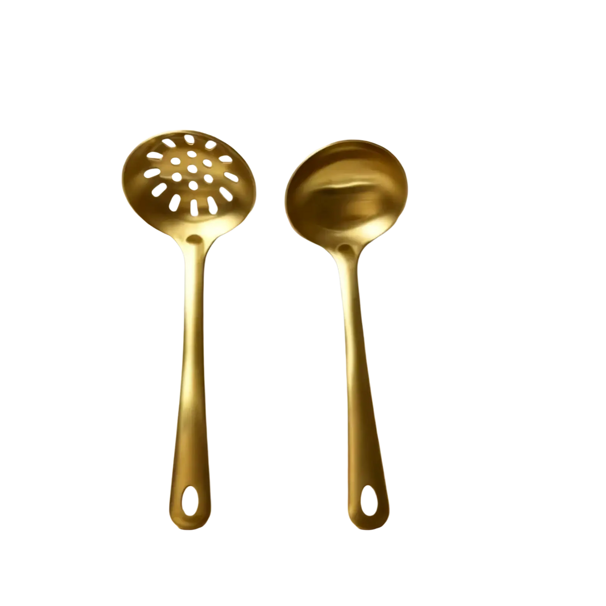 Gold kitchen utensil set stainless steel cooking tools with slotted spoon and solid ladle featuring oval handle holes