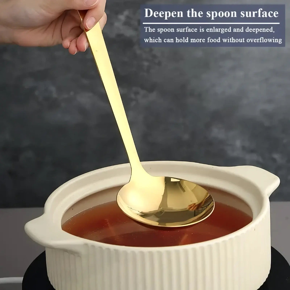 Gold kitchen utensil set stainless steel cooking tools featuring a gold-colored ladle serving soup from ceramic pot