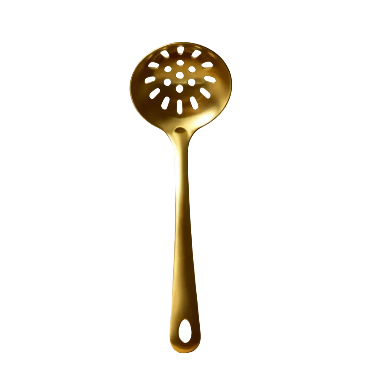 Gold-colored stainless steel spaghetti server with perforated bowl and oval hole handle from gold kitchen utensil set