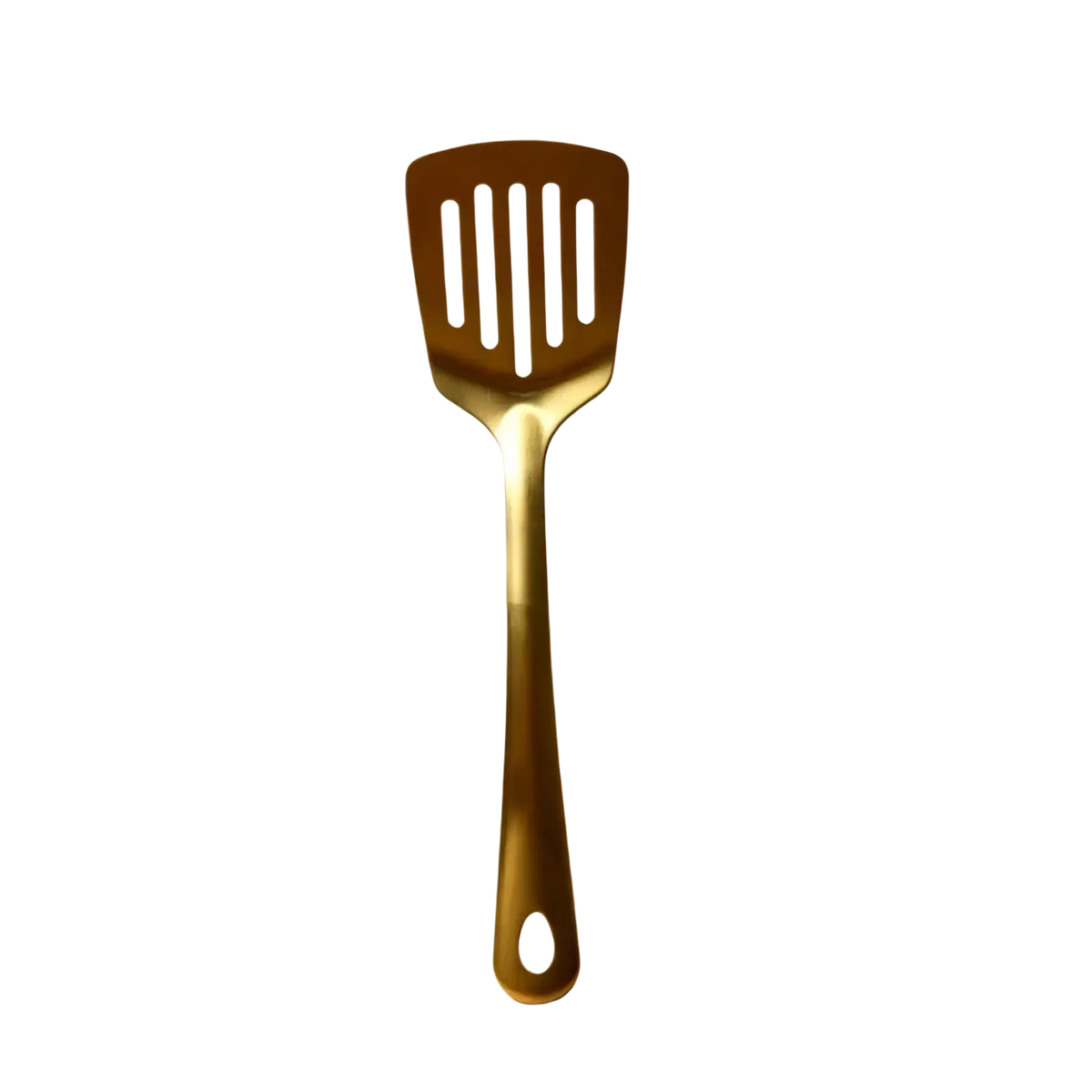 Gold-colored stainless steel spatula with vertical slits and modern design from a kitchen utensil set