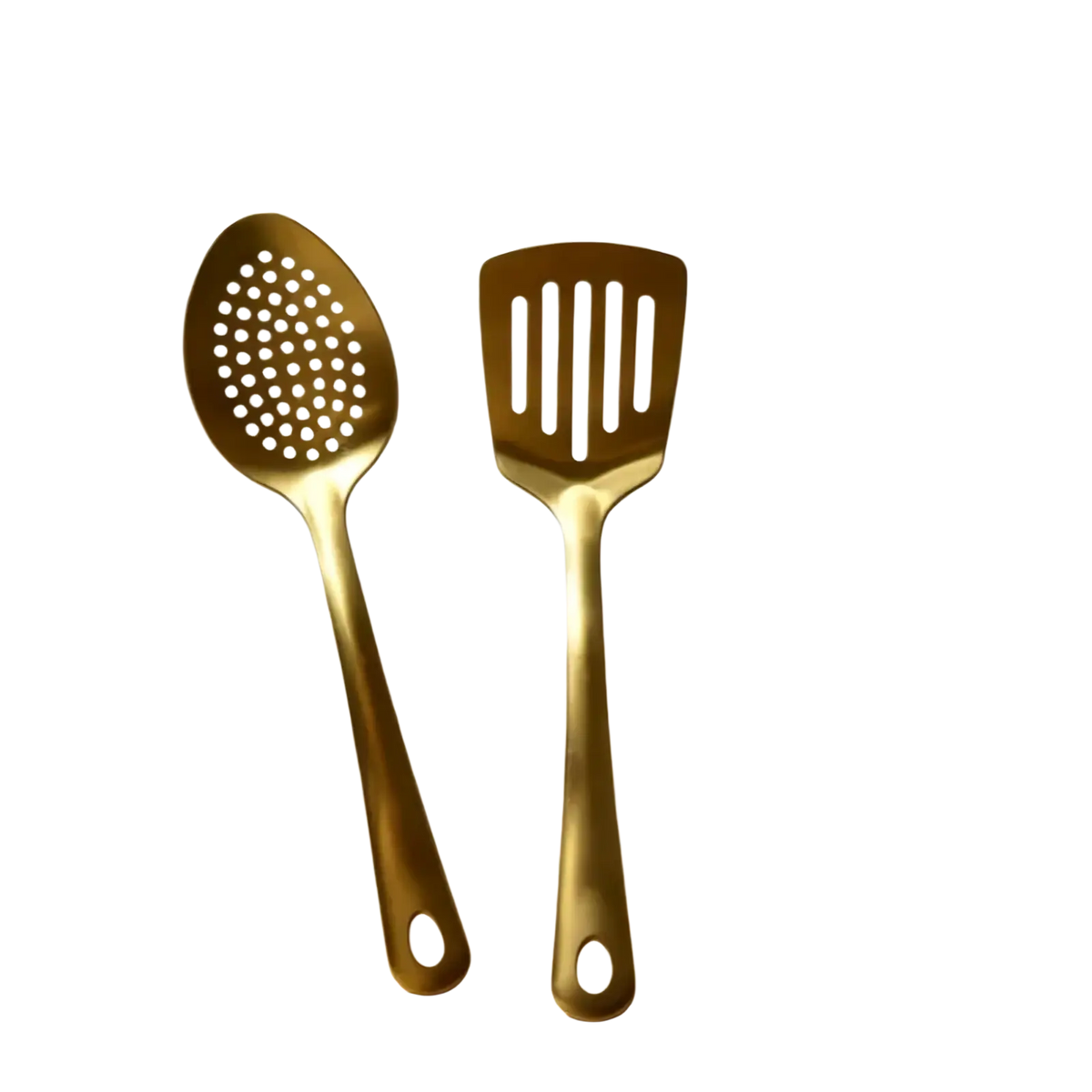 Gold kitchen utensil set stainless steel cooking tools featuring a gold-colored metal slotted spoon and spatula