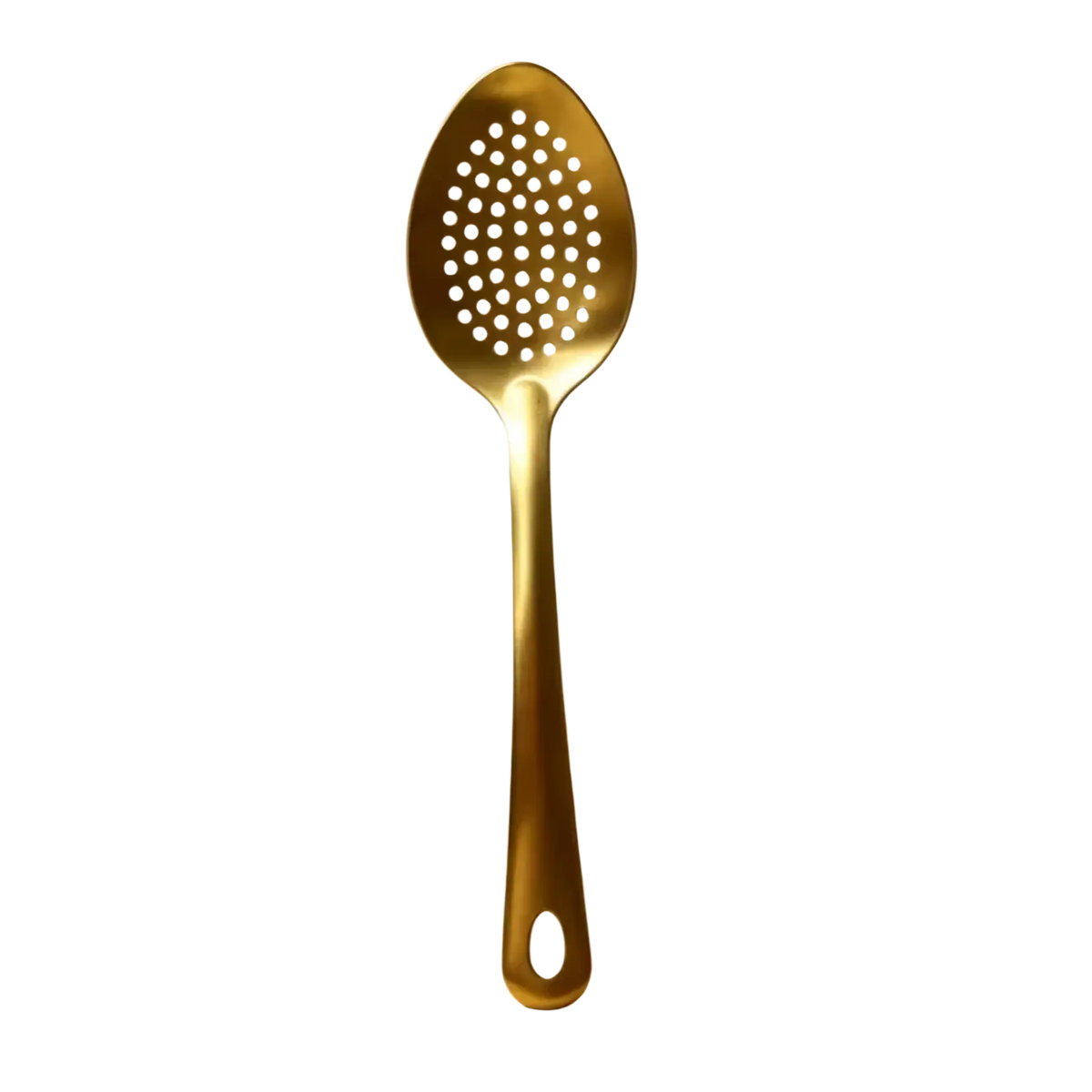 Gold-colored stainless steel slotted spoon with sleek handle and even perforations for cooking in kitchen utensil set