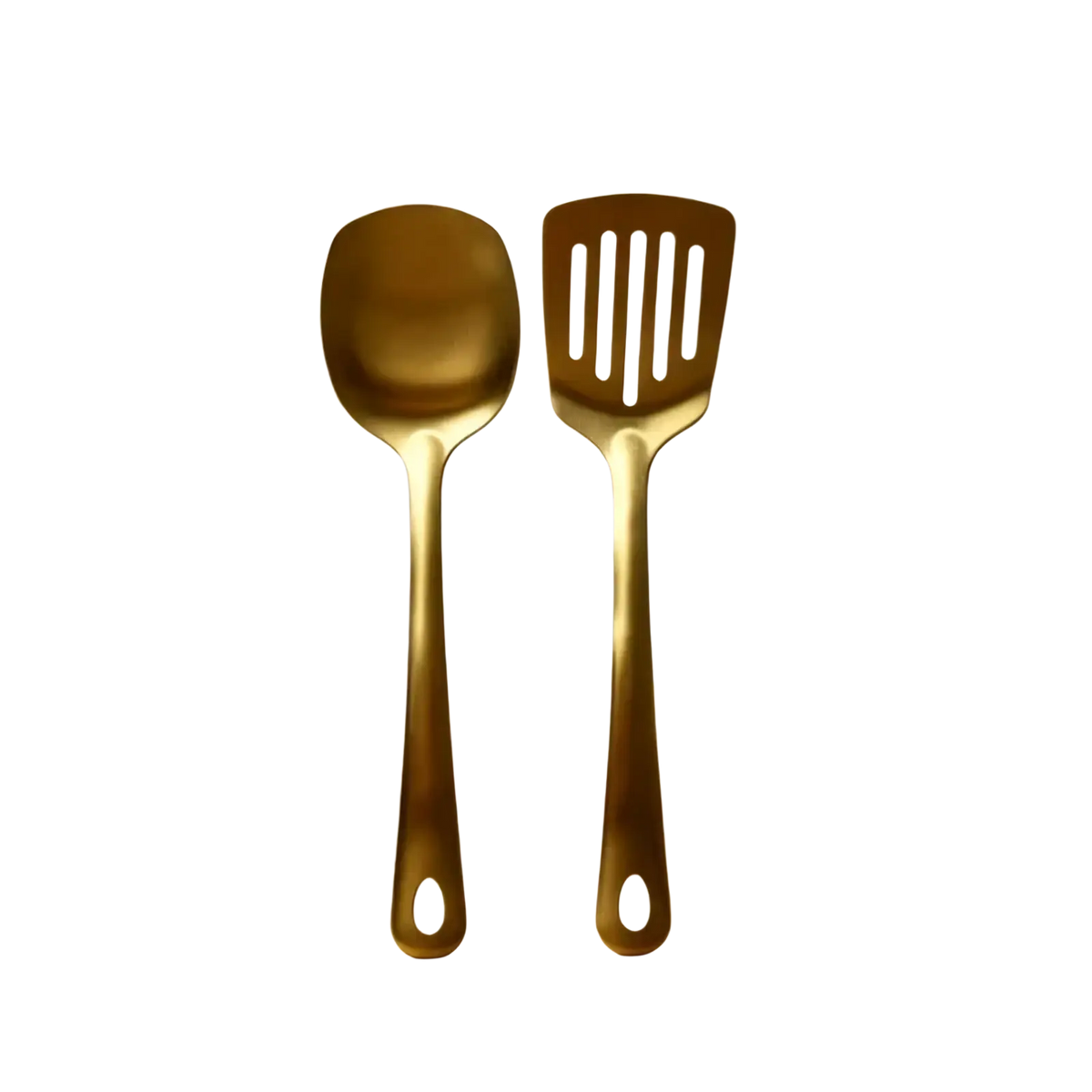 Gold kitchen utensil set with gold-colored stainless steel spatula and spoon featuring a sleek modern design