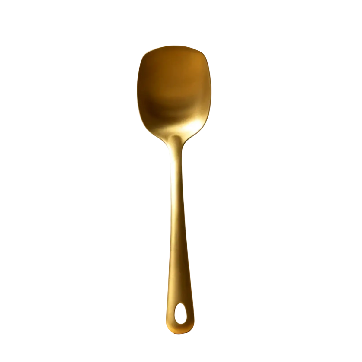 Gold kitchen utensil stainless steel spatula with sleek rounded head and oval hole near handle base for cooking tasks