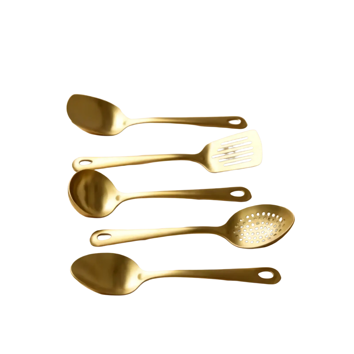 Set of five gold kitchen utensils made of stainless steel with sleek modern handles for cooking tasks