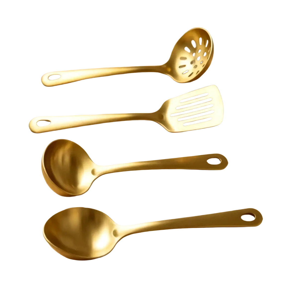 Set of four gold kitchen utensils made of stainless steel including slotted spoon spatula and two solid spoons
