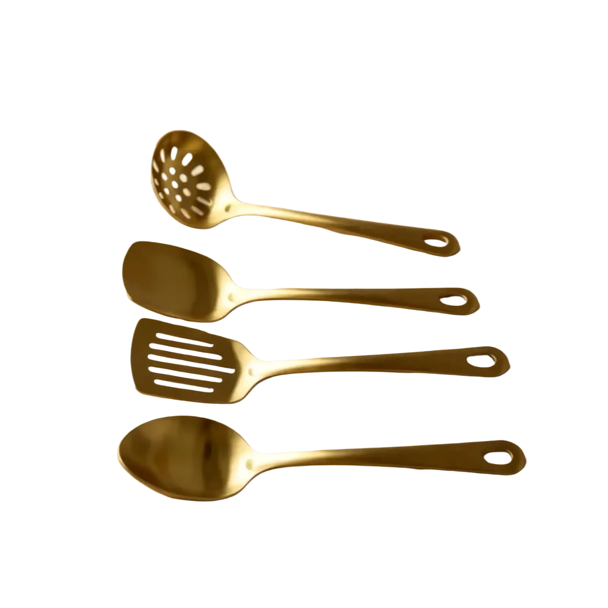 Set of four gold kitchen utensils made of stainless steel with sleek modern design and ergonomic handles for cooking