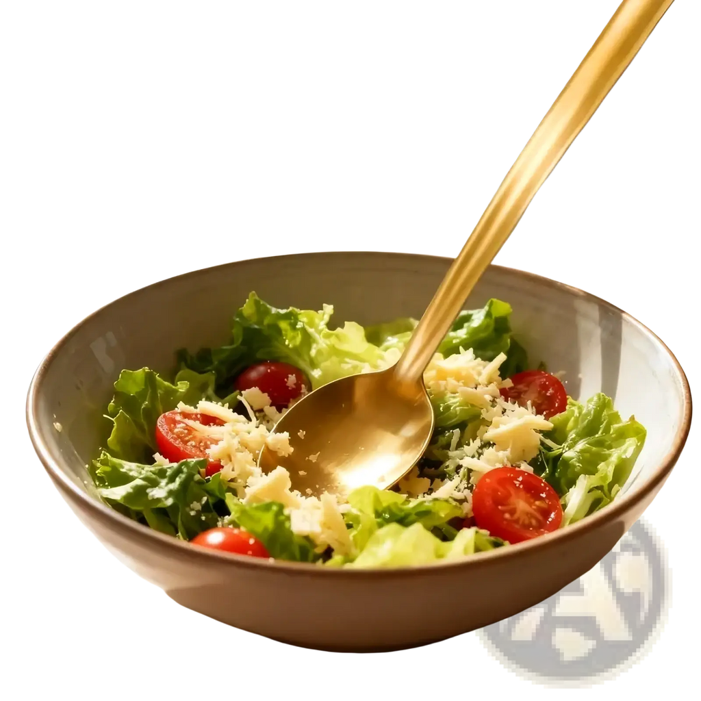 A golden stainless steel salad spoon from the gold kitchen utensil set resting in a bowl with fresh salad