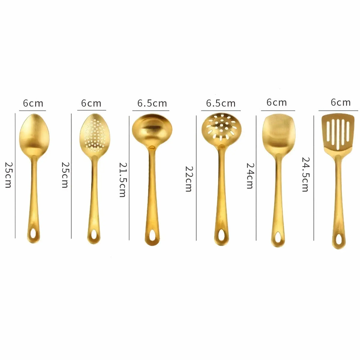 Set of six gold kitchen utensils made of stainless steel including spoons, ladles, spatula, and perforated tools