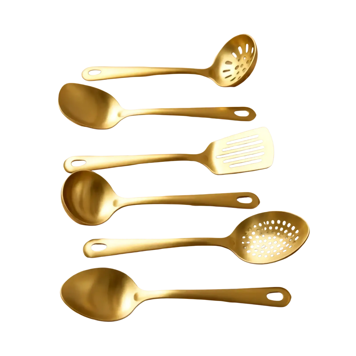 Set of six gold finished stainless steel kitchen utensils including spoons ladles and spatulas for cooking use