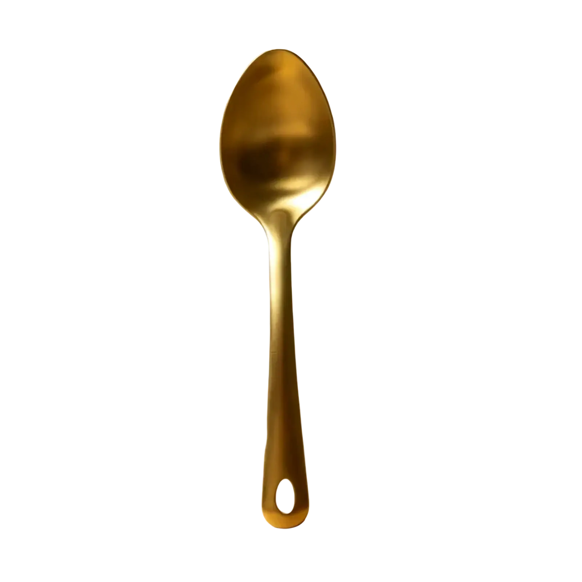A sleek golden stainless steel spoon with an oval hole upright on a wooden surface from gold kitchen utensil set