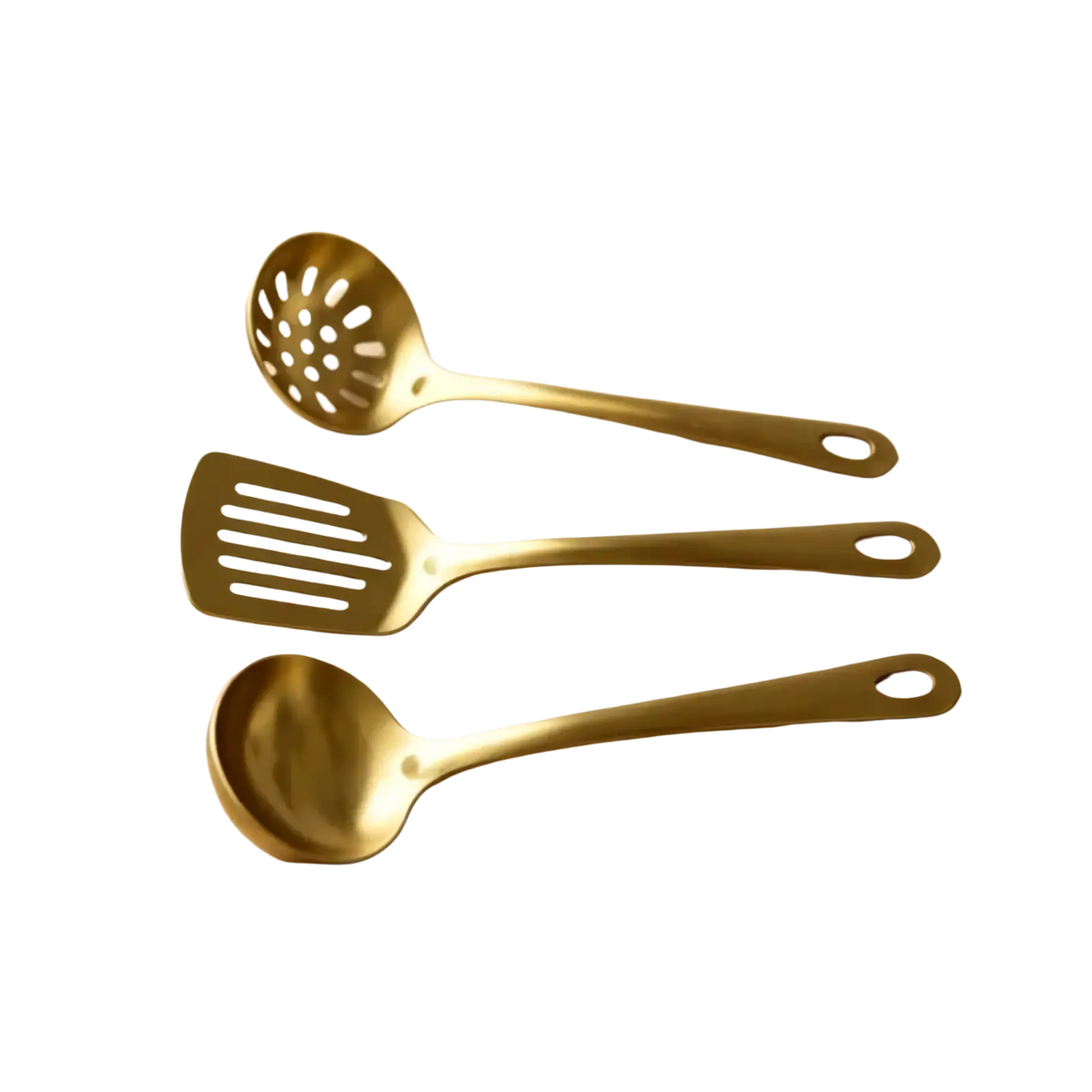 Set of three gold kitchen utensils made of stainless steel including slotted spoon, solid ladle, and perforated spoon