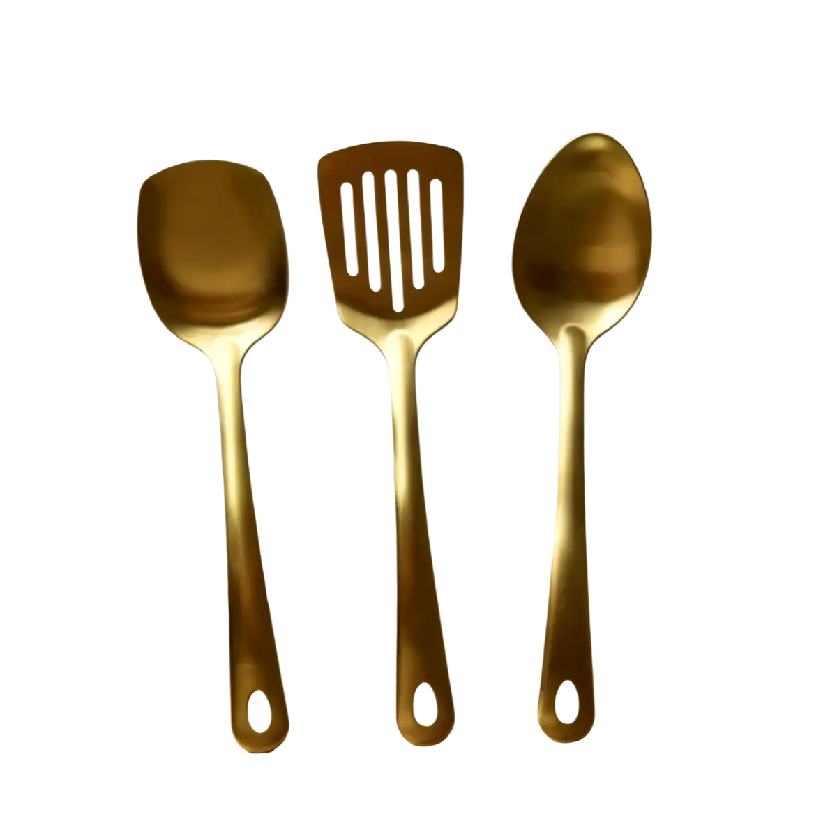 Set of three gold kitchen utensils stainless steel cooking tools including solid spoon slotted spatula and serving spoon