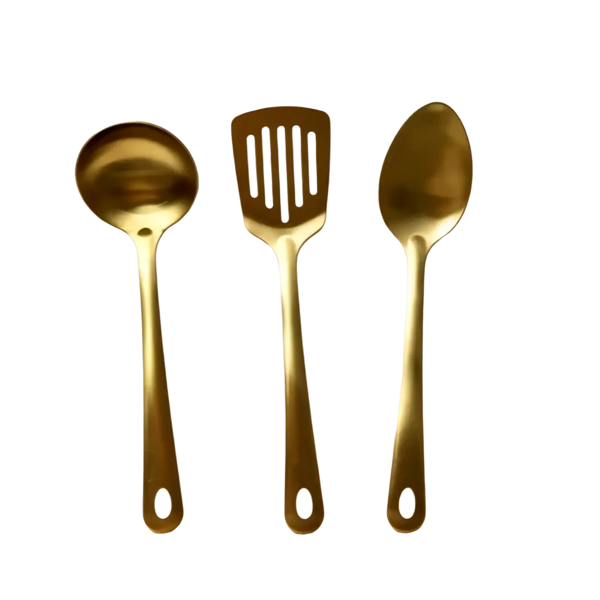 Set of three gold-finished stainless steel kitchen utensils including ladle slotted spatula and spoon with sleek handles